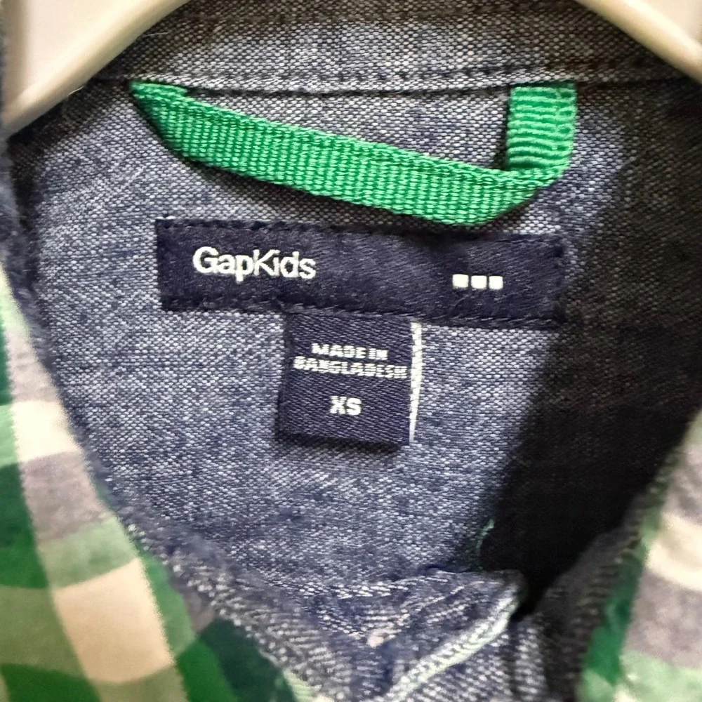 GapKids Boys XS Green Navy White Plaid Long‎ Sleeve Button Down Cotton Shirt